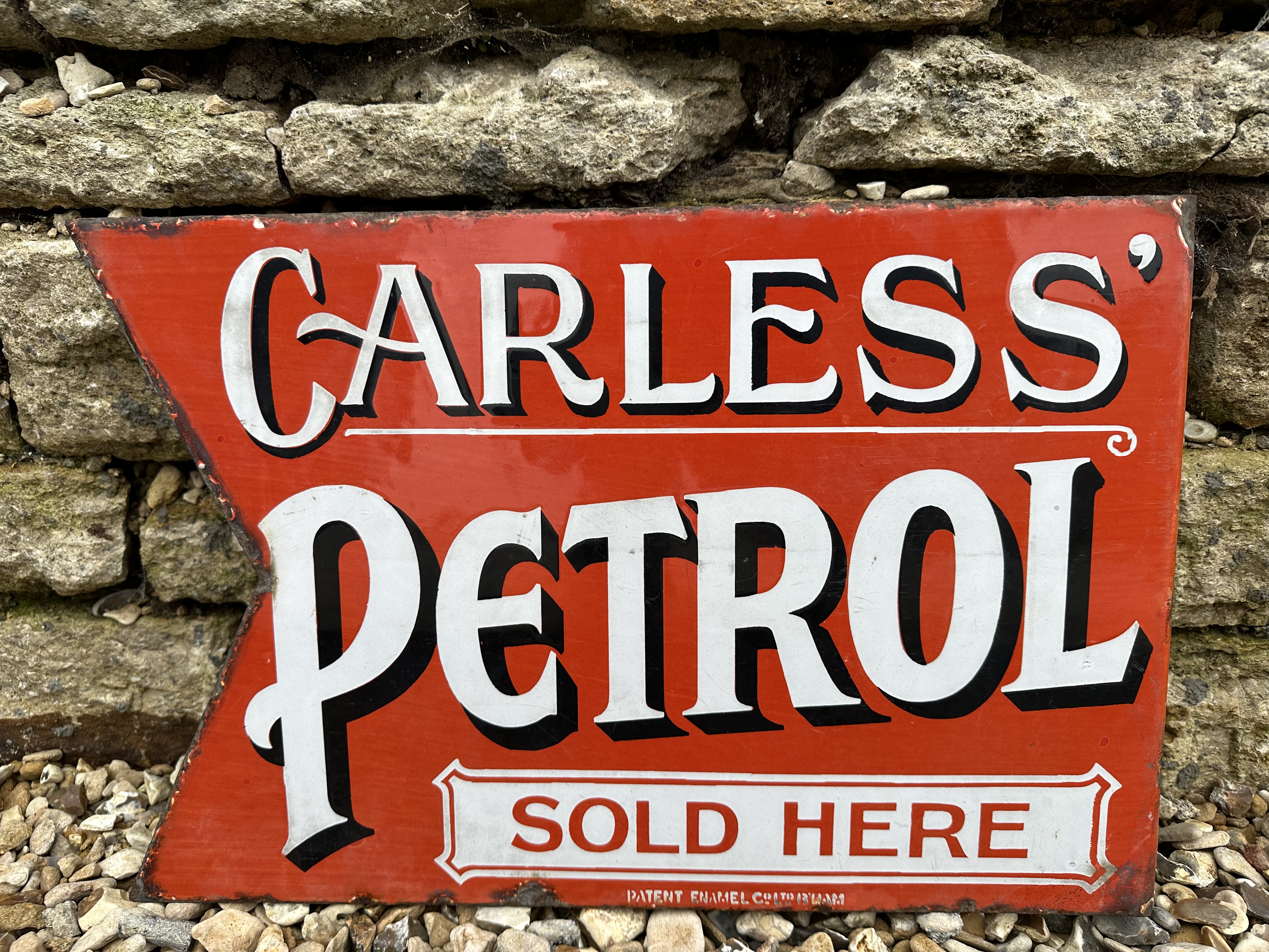 A rare Carless Petrol Sold Here double sided pennant enamel sign by Patent, with hanging flange, - Image 4 of 5