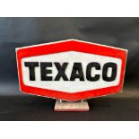 A Texaco double sided acrylic advertisement on wooden stand, 18 1/2 x 12 1/2".