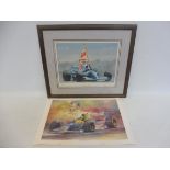 A framed and glazed Harry Amson limited edition print of Damon Hill, no. 362/650 plus an unframed