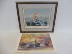 A framed and glazed Harry Amson limited edition print of Damon Hill, no. 362/650 plus an unframed