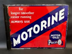 A Price's Motorine Motor Oils double sided enamel sign with replacement hanging flange, 24 x 18".