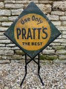 An early Pratts 'Use Only' lozenge shaped embossed tin advertising sign on stand, circa 1920s, 41"