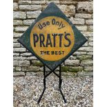 An early Pratts 'Use Only' lozenge shaped embossed tin advertising sign on stand, circa 1920s, 41"