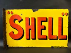 A Shell double sided enamel sign with hanging flange, by Bruton of Palmers Green, 24 x 15".