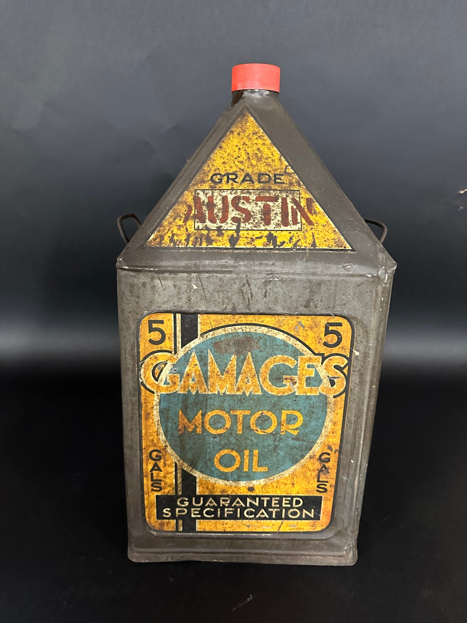 A Gamages five gallon pyramid can, unusually stencilled with the grade 'Austin'.