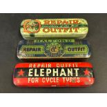 A Curry Repair Outfit tin, a Halford Repair Outfit and a third for Elephant brand.