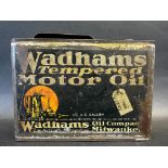 An early Wadhams Tempered Motor Oil rectangular oil can containing 1/2 US gallon.