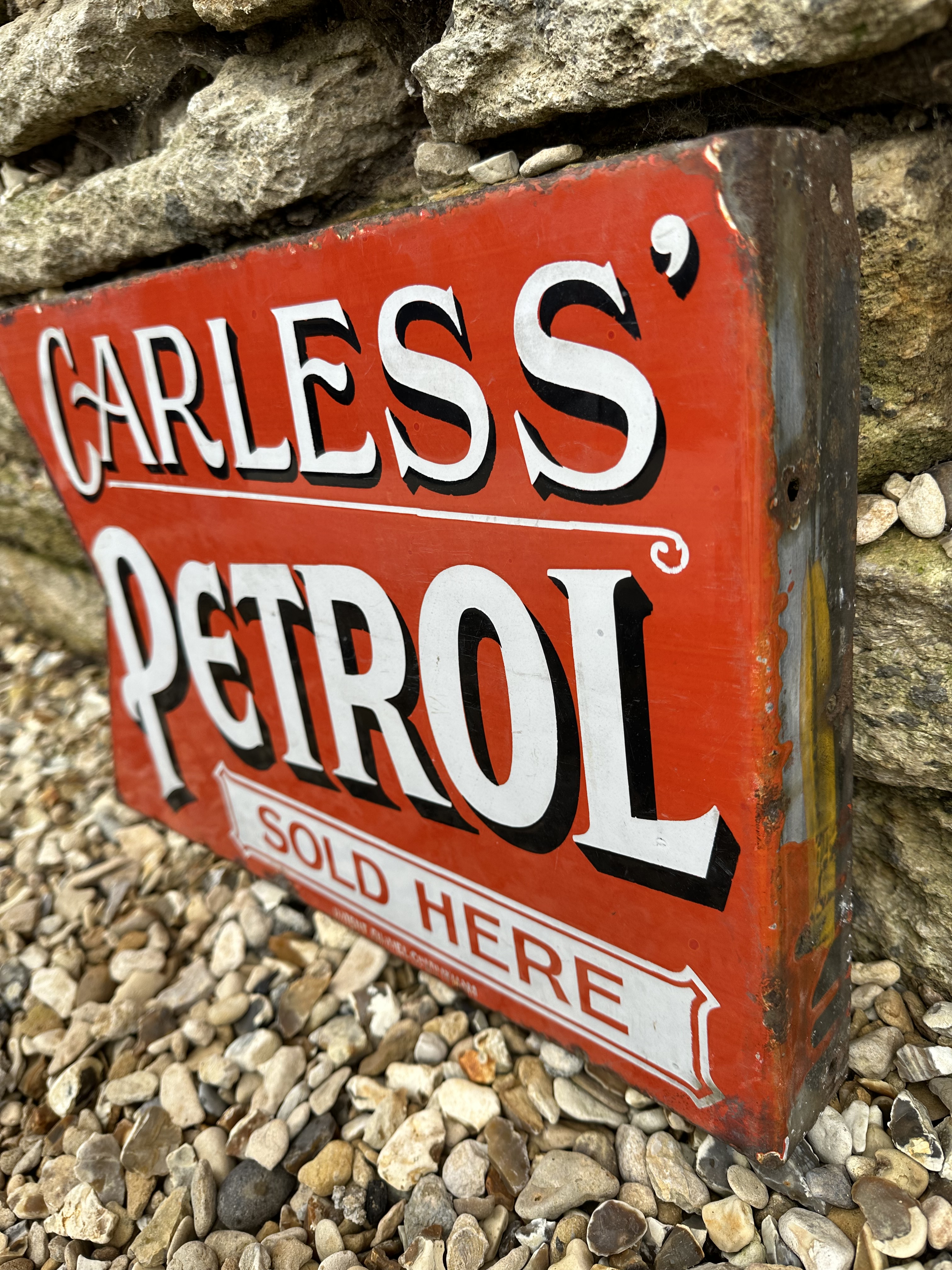 A rare Carless Petrol Sold Here double sided pennant enamel sign by Patent, with hanging flange, - Image 5 of 5