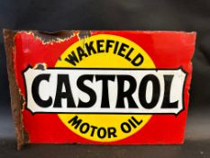 A Wakefield Castrol Motor Oil double sided enamel sign with hanging flange, by Bruton of London,