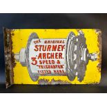 A Sturmey Archer 3 Speed & Tricoaster pictorial double sided enamel sign with hanging flange, by