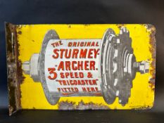 A Sturmey Archer 3 Speed & Tricoaster pictorial double sided enamel sign with hanging flange, by