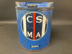 A CSMA SAE 10W 30 cylindrical can.