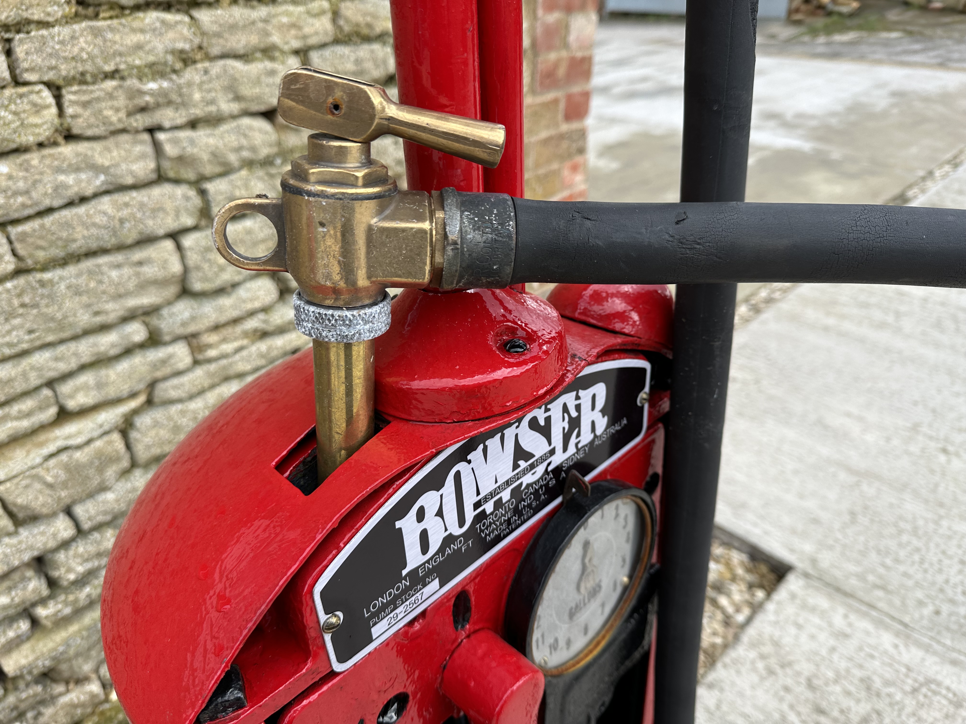 A Bowser hand-operated petrol pump, restored, with hose, nozzle and reproduction plastic petrol pump - Image 3 of 6