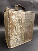 A Pratt's Perfection Spirit two tone petrol can dated 1916 and plated to the handle.