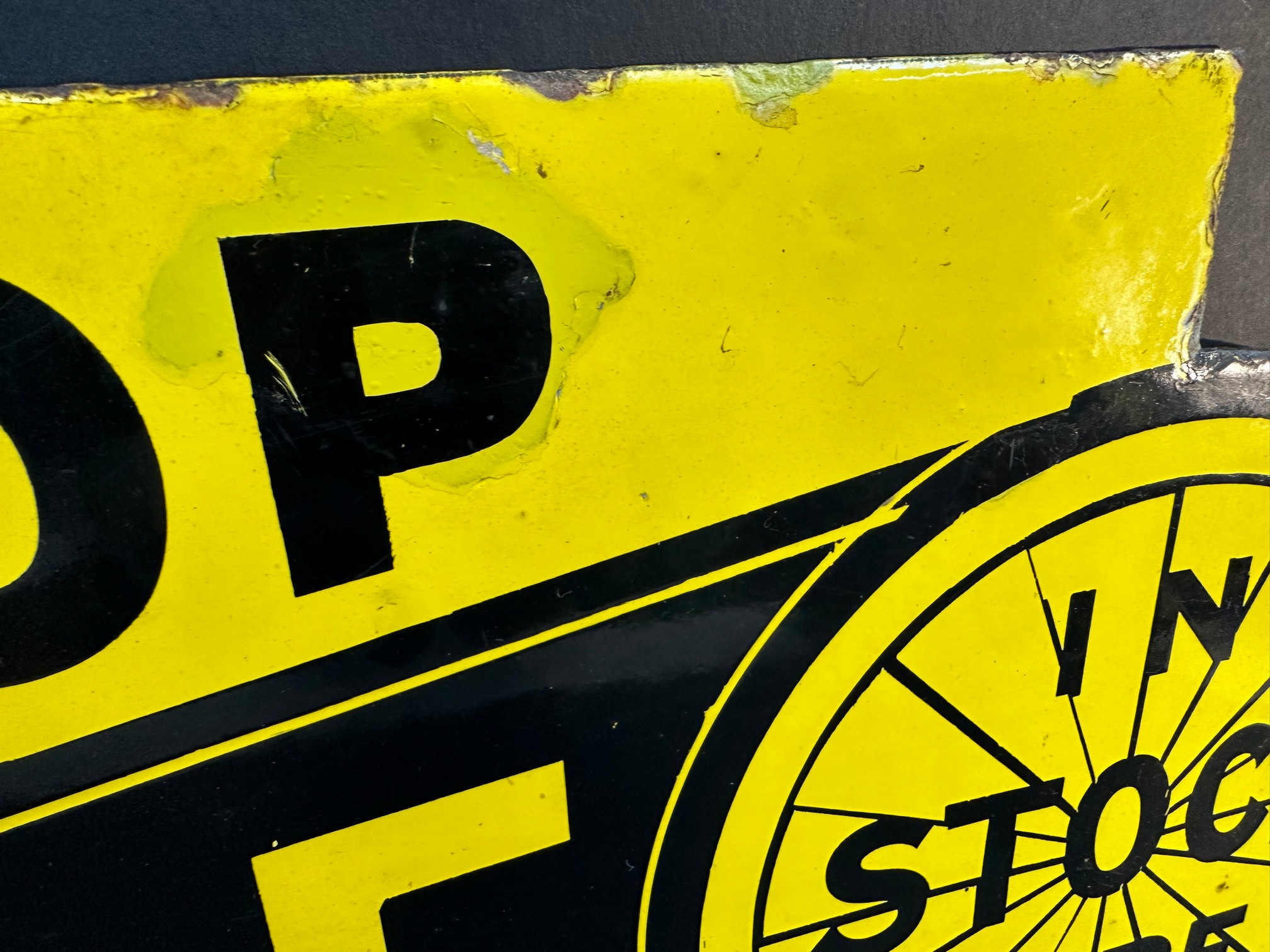 A Dunlop Cycle Tyres In Stock Here double sided enamel sign with hanging flange, some older spots of - Image 3 of 9