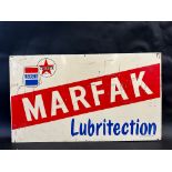 A Marfak Lubritection double sided tin sign with Regent and Caltex branding, 36 x 21".