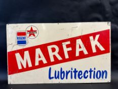 A Marfak Lubritection double sided tin sign with Regent and Caltex branding, 36 x 21".