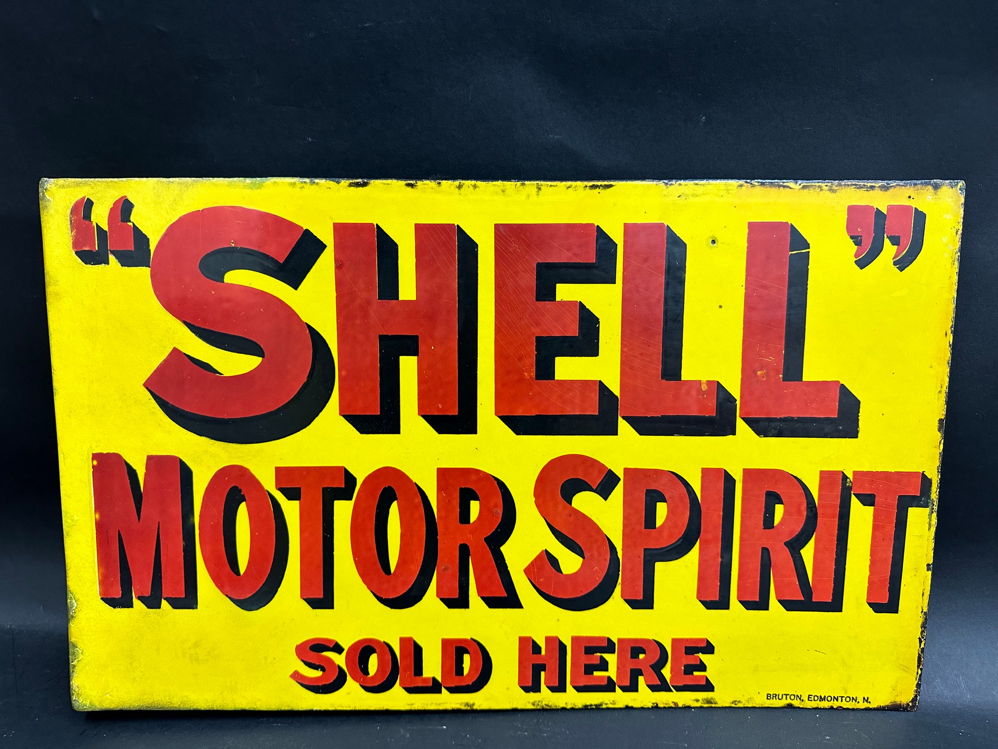 A Shell Motor Spirit Sold Here double sided enamel sign by Bruton of Edmonton, with replacement - Image 4 of 5