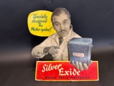 A Silver Exide Motor Cycle Battery 3D showcard.