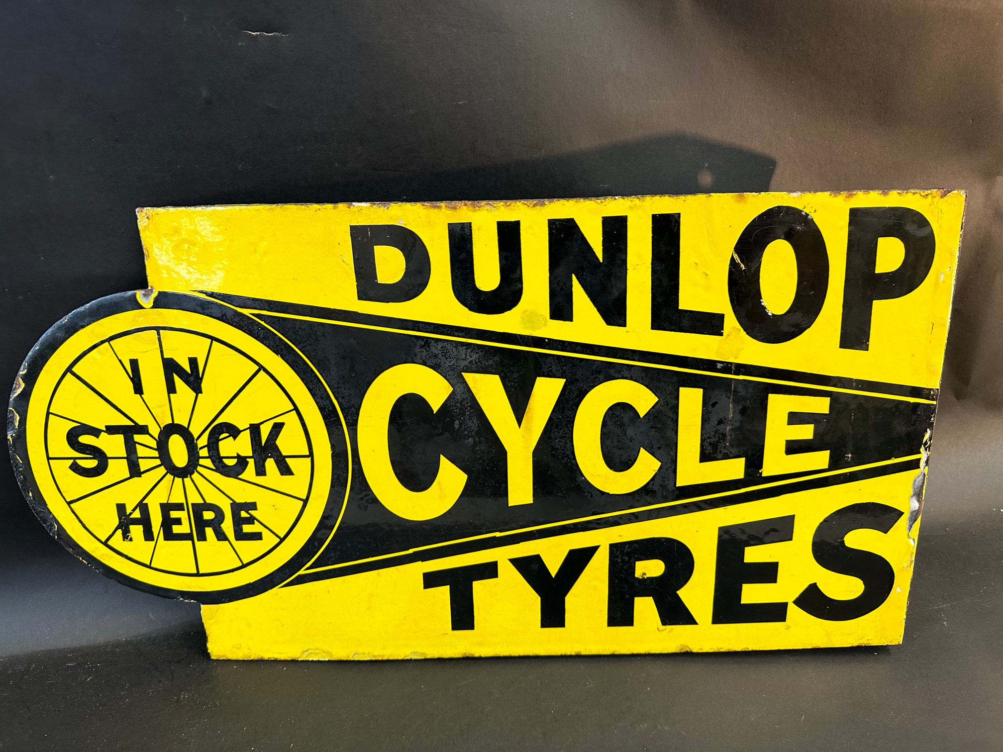 A Dunlop Cycle Tyres In Stock Here double sided enamel sign with hanging flange, some older spots of - Image 6 of 9