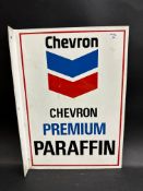 A Chevron Premium Paraffin double sided tin advertising sign with hanging flange, 8 1/2 x 12".