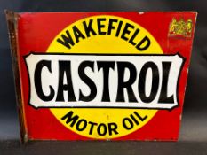 A Wakefield Castrol Motor Oil double sided enamel sign with hanging flange, by Stocal, 20 x 16".