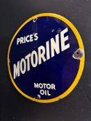 A Price's Motorine Motor Oil circular enamel sign in good condition, 14 1/4" diameter.