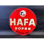 A French circular tin sign advertising Hafa Dopee Motor Oil, 20" diameter.