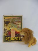 A French Peugeot pictorial showcard calendar for 1913, lacking tear-off dates plus a battery-