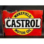 A Wakefield Castrol Motor Oil double sided enamel sign with hanging flange, by Bruton of London,