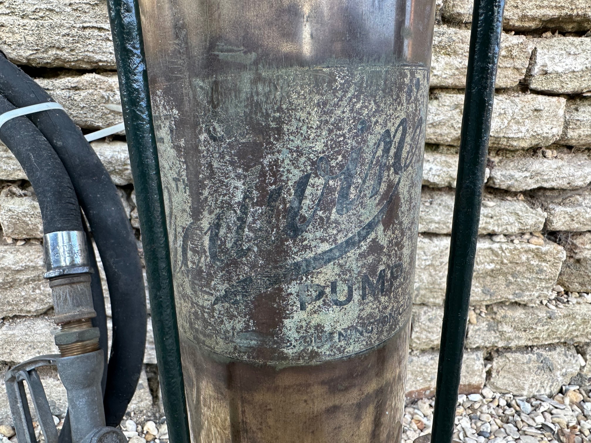 A Godwin skeleton petrol pump, unusually still with remains of 'Godwin' decal to the brass cylinder, - Image 2 of 3