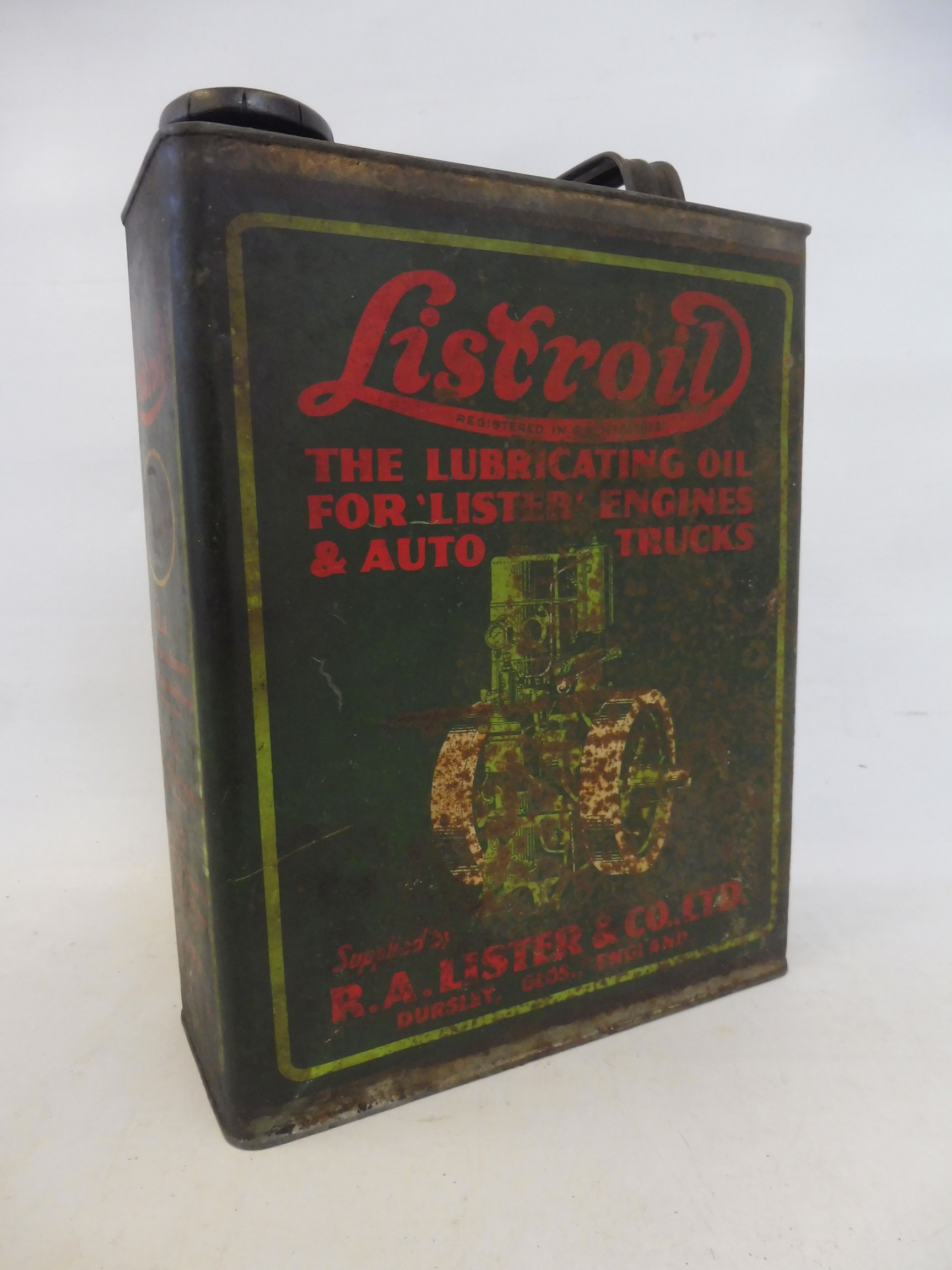 A Listroil Lubricating Oil gallon can with an image of a stationary engine to both sides.