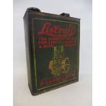 A Listroil Lubricating Oil gallon can with an image of a stationary engine to both sides.