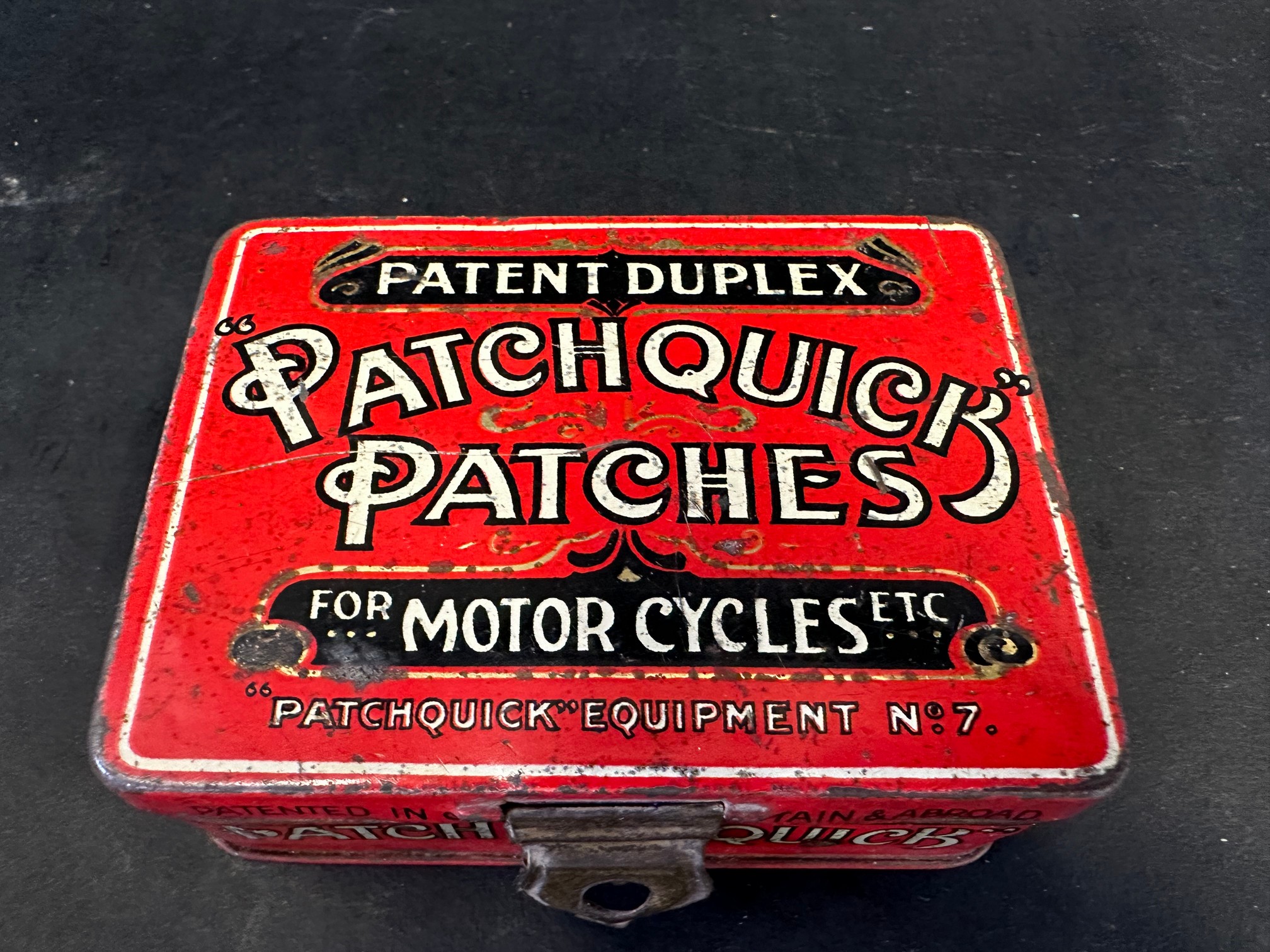 A Patchquick Patches for Motor Cycles repair outfit tin.