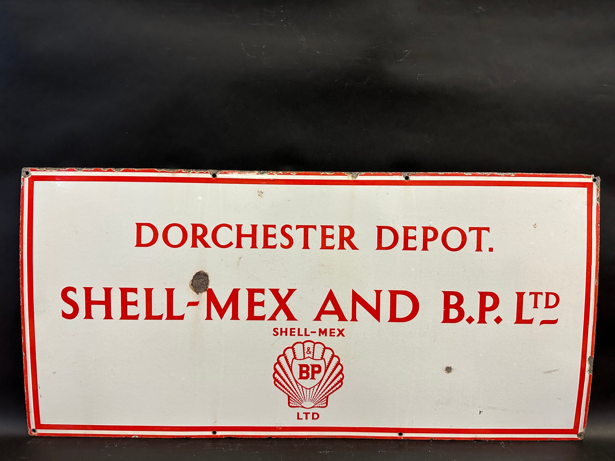 A rarely seen Shell-Mex & BP Ltd enamel sign advertising the Dorchester Depot, 36 x 17 1/4".