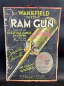 An early Wakefield Castrolease pictorial showcard advertising the Ram Gun, 14 1/2 x 19 3/4".