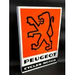 A new old stock Peugeot Cycles and Motos double sided tin advertising sign with hanging flange,