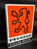 A new old stock Peugeot Cycles and Motos double sided tin advertising sign with hanging flange,