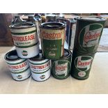 Five Castrolease grease tins and a later Castrol tin, plus a Castrol Motor Oil XXL.