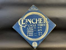 A Clincher Cycle Tyres branded lozenge shaped price showcard, 17 x 17".