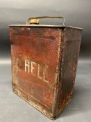 A Belgian Shell two gallon petrol can with traces of paper labels to each end and Shell cap.