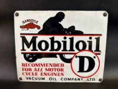 A Gargoyle Mobiloil 'D' grade enamel sign depicting a motorcycle in side profile, excellent