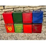Eight two gallon petrol cans including BP Motor Spirit etc.