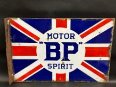 A BP Motor Spirit Union Jack double sided enamel sign with hanging flange, by Franco, 24 x 16".