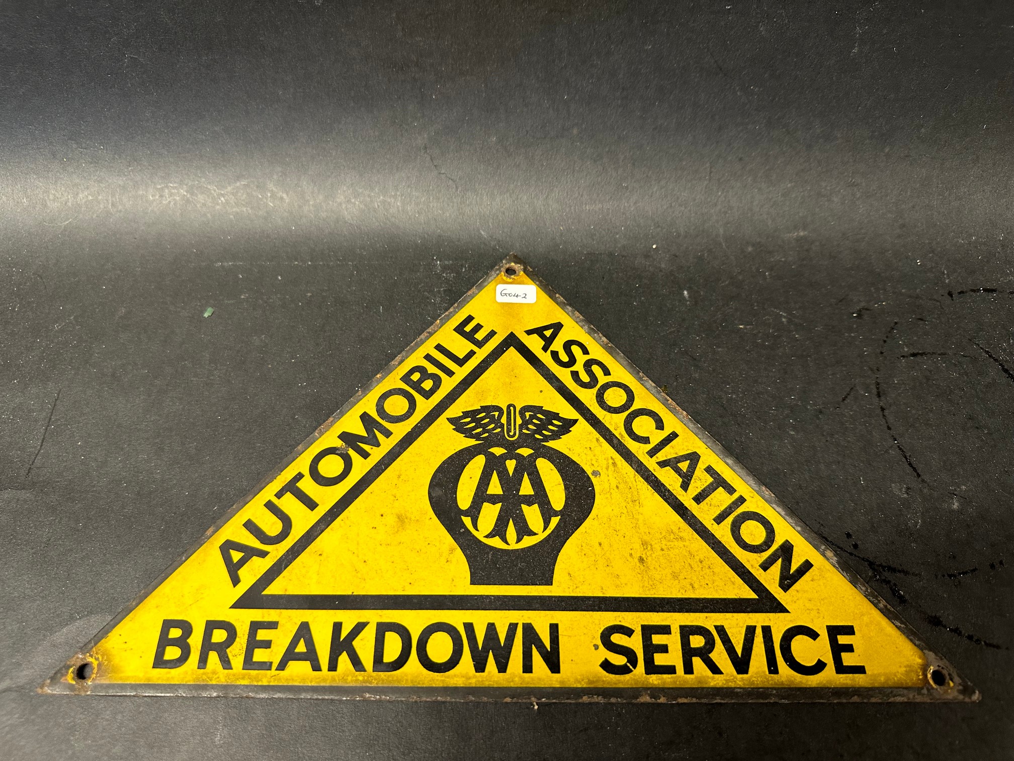 An AA Breakdown Service triangular enamel sign, 12 x 7 1/2".