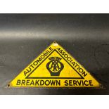 An AA Breakdown Service triangular enamel sign, 12 x 7 1/2".