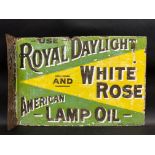 A Royal Daylight and White Rose American Lamp Oil double sided enamel sign with hanging flange by