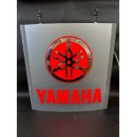 A large Yamaha dealership double sided hanging lightbox, 29 1/2" w x 34 1/2" h (including hanging