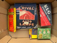 A quantity of original packaging including KLG Sparking Plugs, Rival lamp bulbs etc.