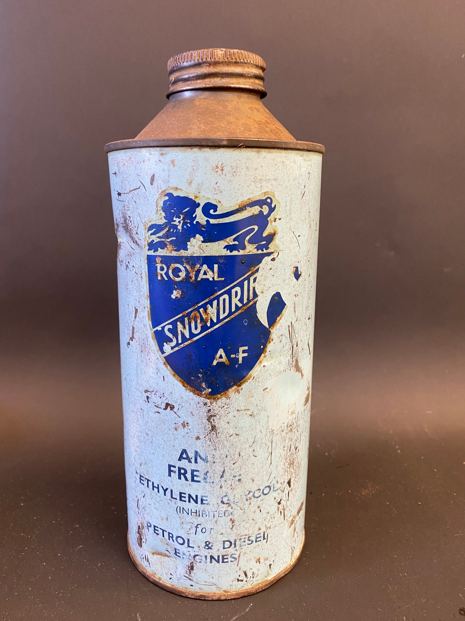 A rarely seen Royal Snowdrift Anti-Freeze cylindrical quart can.